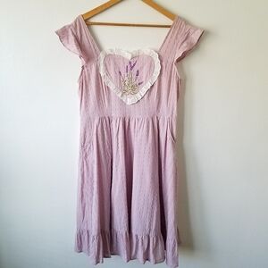 Miss Candyholic Lavender Heart Ruffle Nubby Texture Squareneck Cotton Dress